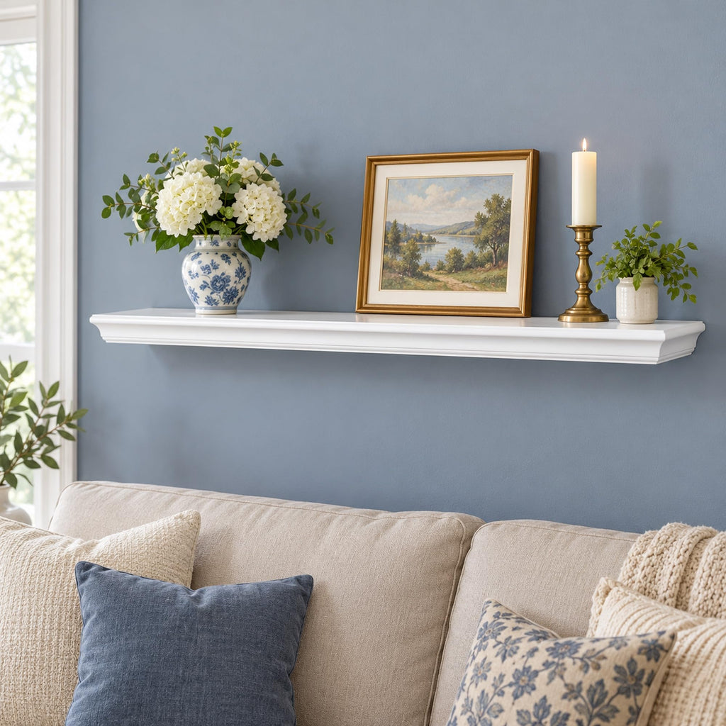 48" White Floating Shelf, 8" Deep Wall Ledge for Photos & Books