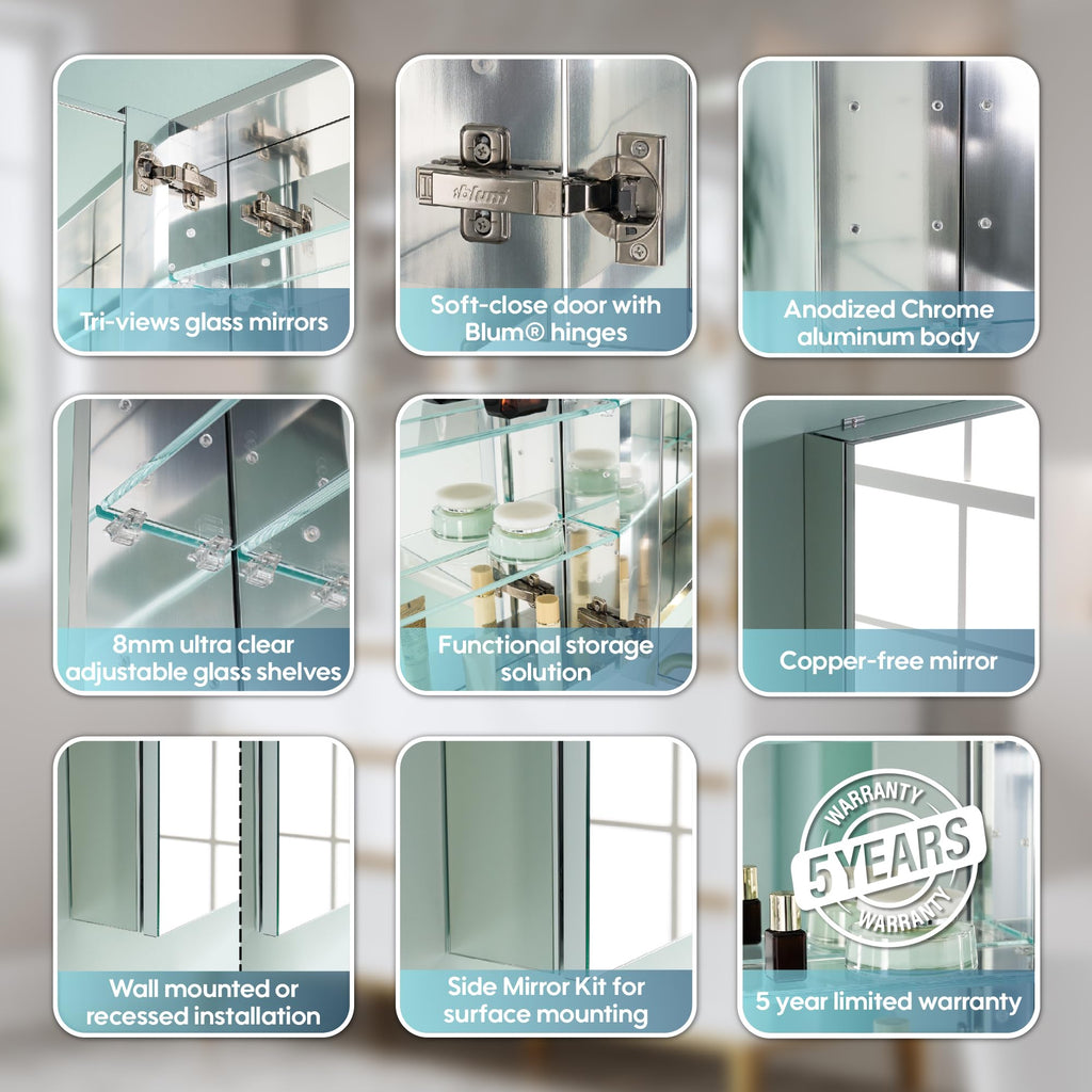 32" x 36" Bathroom Medicine Cabinet with Mirror, Anodized Chrome Aluminum Frame, Surface Mount or Recessed Medicine