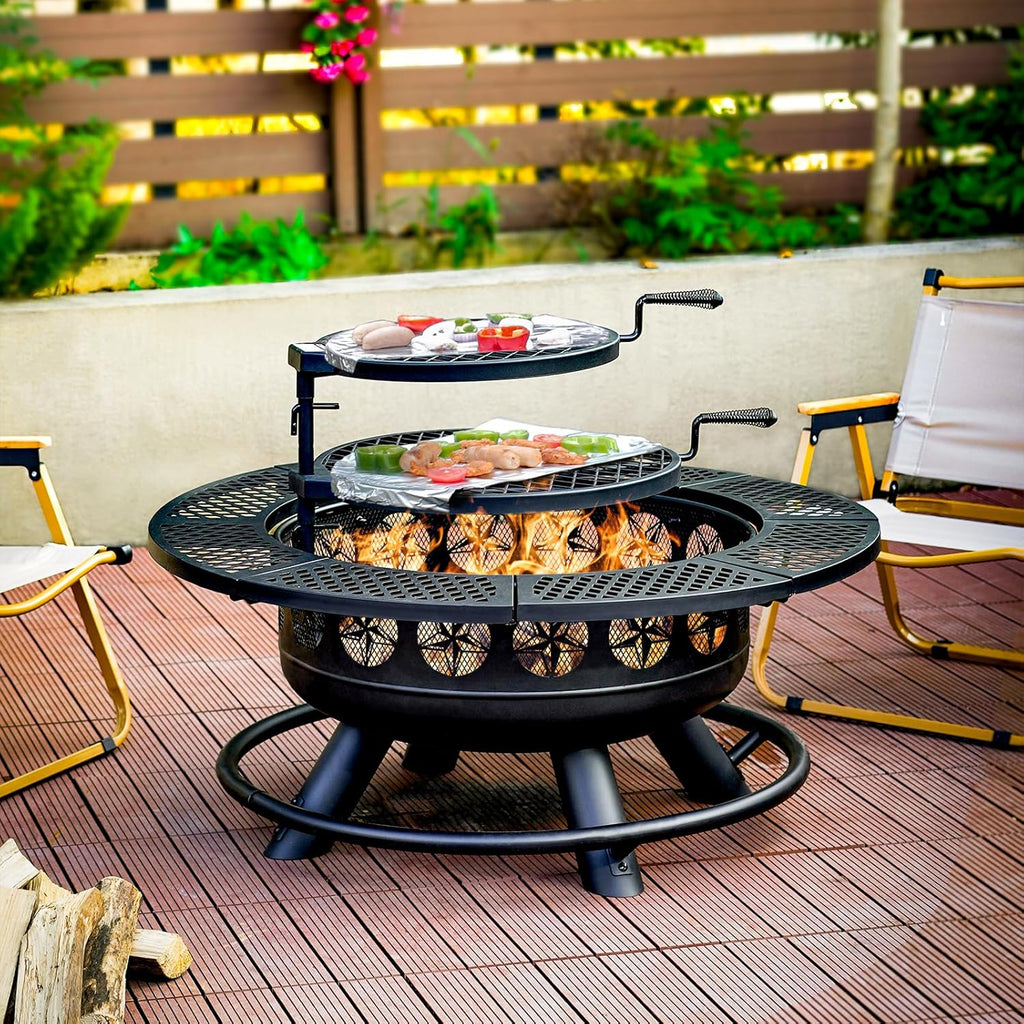 36 Inch Fire Pit with 2 Cooking Grills,Outdoor Wood Burning BBQ Firepit with Lid, 3-in-1 Outdoor Fire Pit for Backyard Deck Bonfire Patio - Image 5