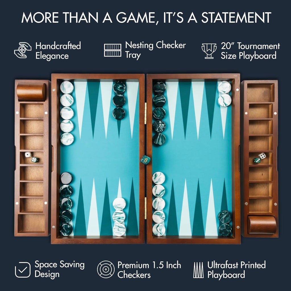 20 Inch Large Backgammon Sets for Adults, Green Backgammon Board, Solid Wood. Removable Accessory Tray, Premium 1.5