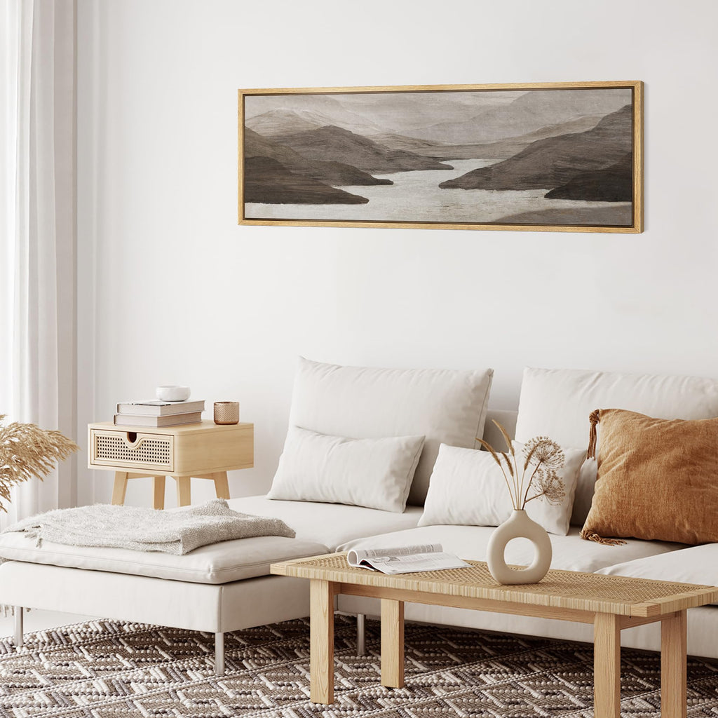 Large Framed Canvas Print Wall Art Monochrome Mountain Serenity Minimalist Landscape Illustrations Antique Retro Fine
