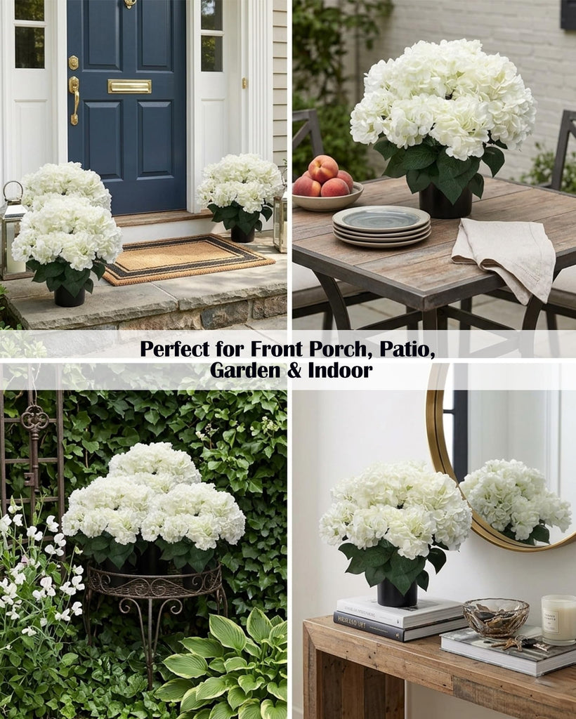 20" Artificial Plants Outdoor in Pots, UV Resistant Faux Bushes for Front Porch, Realistic White Fake Garden Entryway