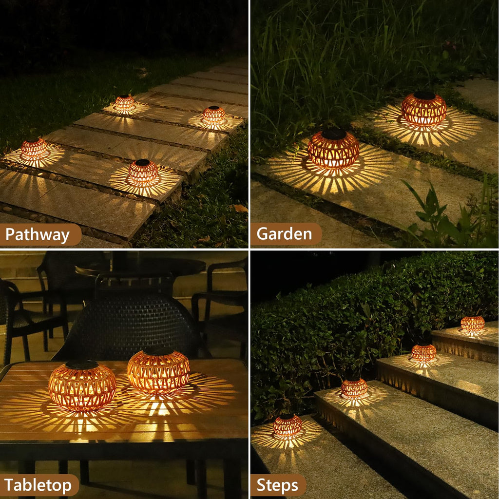 Solar Lights Outdoor Waterproof, 4 Pack Rattan Solar Lantern, Outdoor Solar Lights for Yard, Solar Table Lanterns