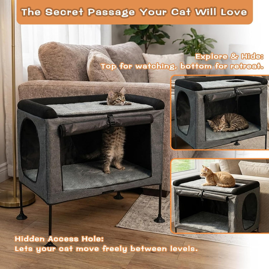 Cat Bunk Bed with Secret Passage Hole, Bedside Elevated Cat Cot for Small Cats, Reversible Lower Mattress, Soft