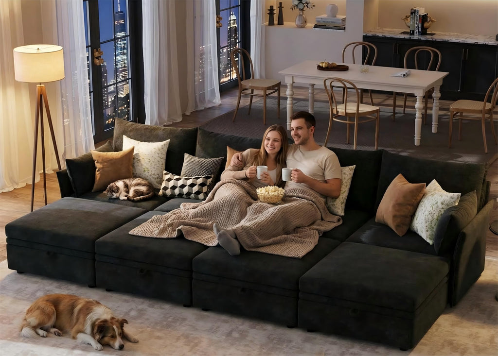 136.4" Modular Sleeper Sofa Bed, U Shaped Sectional Couch with Movable Stroage Ottoman, Large 8 Seat Corner Couches