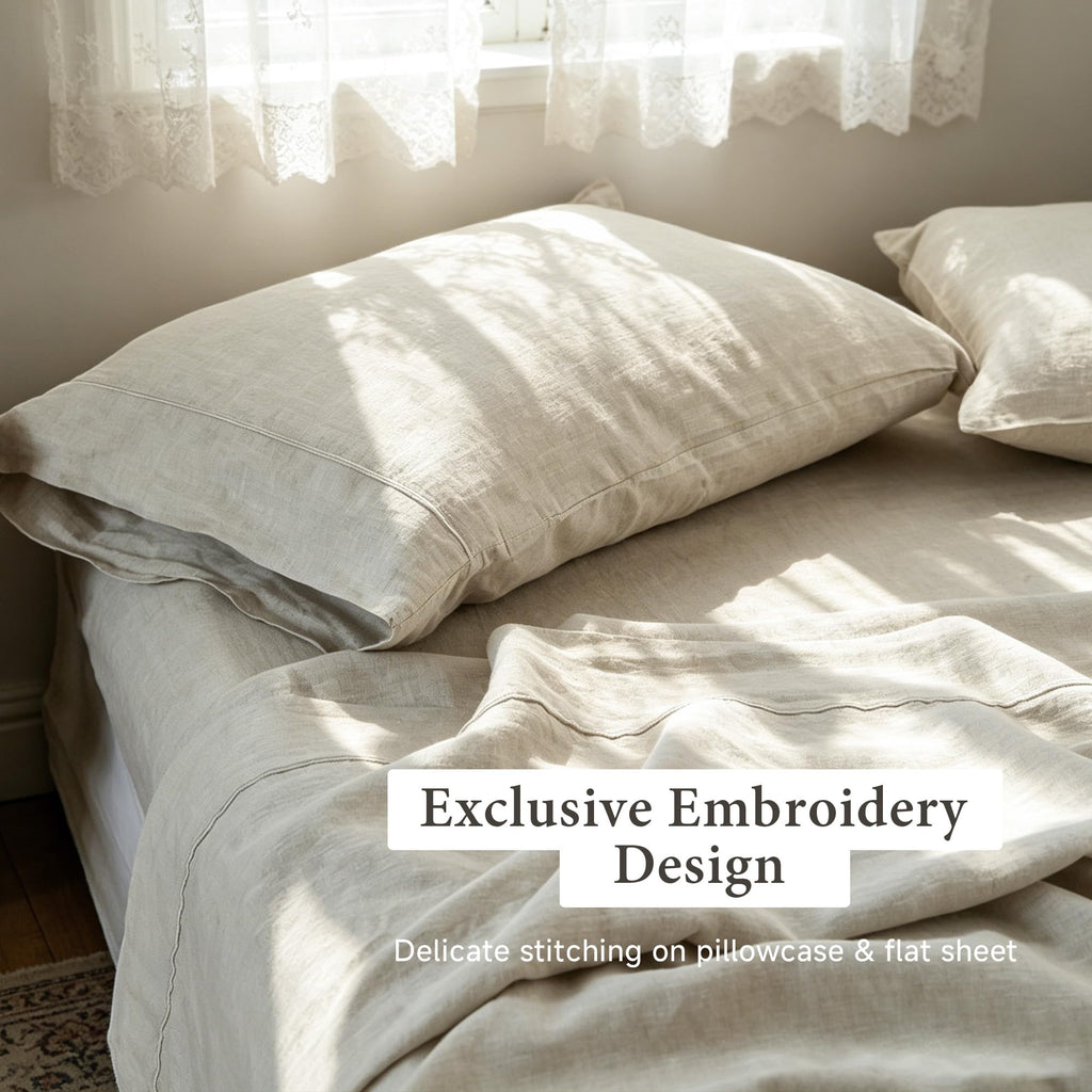 100% French Linen Sheet Set -Pure Natural Flax Bed Sheet-4 Pcs Breathable Ultra Soft Farmhouse Bedding (1