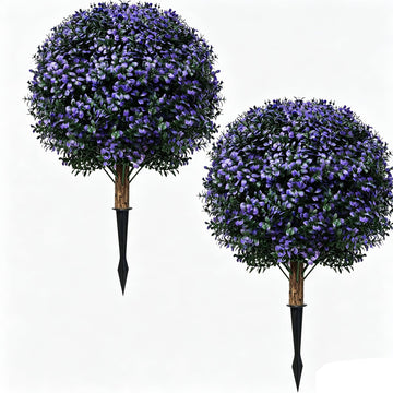 Fall Artificial Ball Boxwood Topiary Tree Outdoor Set of 2, Faux Bushes Plants with Spike, Autumn Boxwood Ball Fake