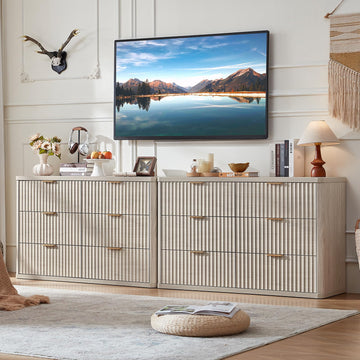 Fluted 6 Drawers Dresser Set of 2, 48" Wide Modern Chest of Drawers with Metal Handle, Light Grey Curved Profile