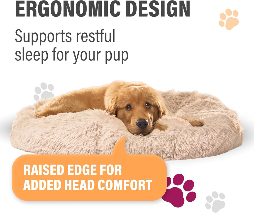 Premium Large Donut Dog Bed, Fits Up to 100 lbs, Machine Washable Cushion, Plush Long Pile Faux Fur Fabric, Portable