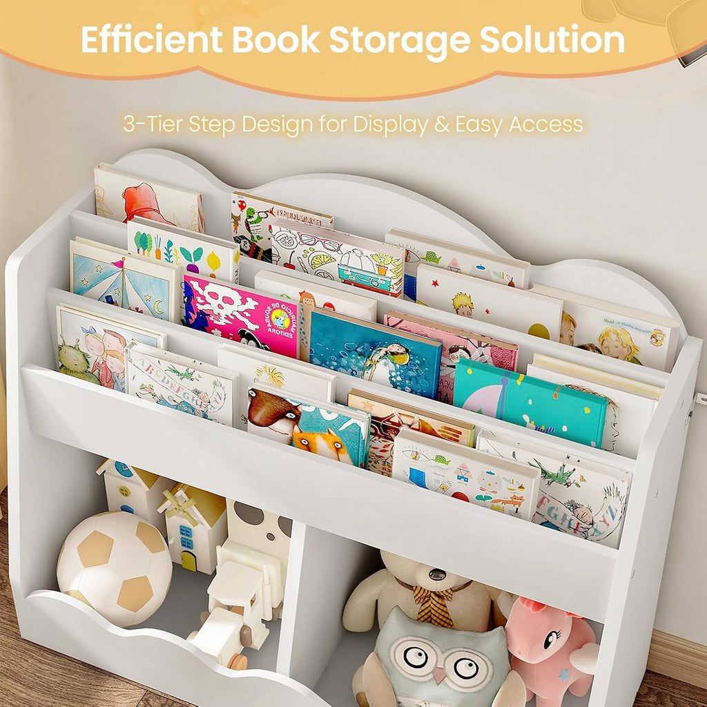 Kids Bookshelf and Toy Storage, Children's Bookcase with 2 Toy Cubes, Toddler Book Shelf for Kids Room, Wooden Book