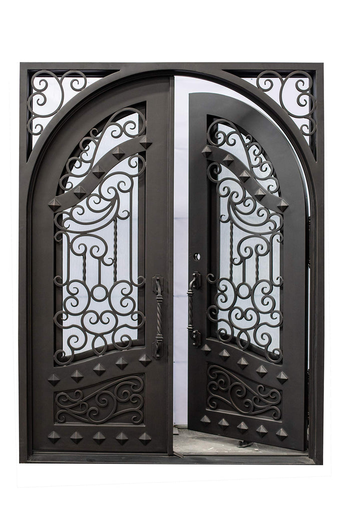 Canton Exterior Double Front Entry Door Wrought Iron with Operable Tempered Rain Glass Inside Swing Dark Bronze