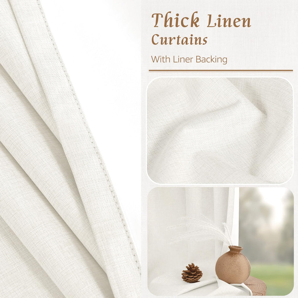 Extra Wide 100% Ivory White Blackout Linen Curtains 63 Inch Length
