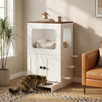 Cat Feeding Station, 2-Tier Wood Cat House with Storage, Raised Bowls for Indoor Cats, Pull-Out Feeding Station & Cat