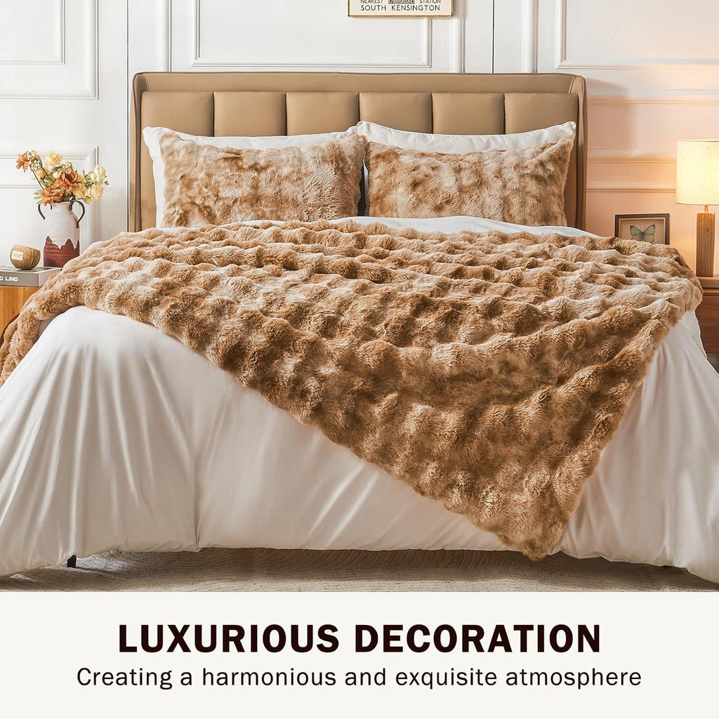 Faux Fur Blanket Queen Size Tie Dye Brown - Big Bubble Rabbit Cozy Blanket for Couch, Thick Furry Plush Shaggy