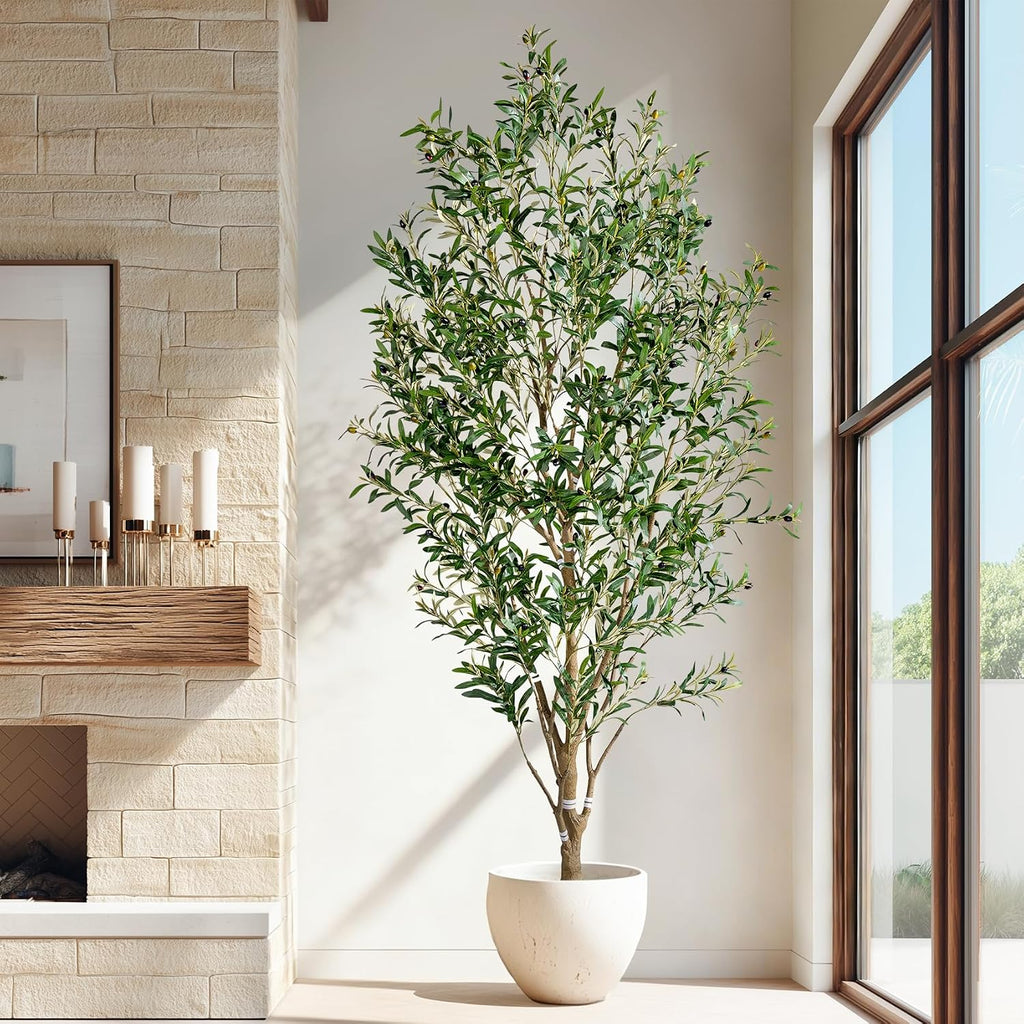 8ft Faux Olive Tree with White Pot & Moss, Artificial Olive Tree Indoor Outdoor, PE/PVC Leaves, Realistic Resin Trunk