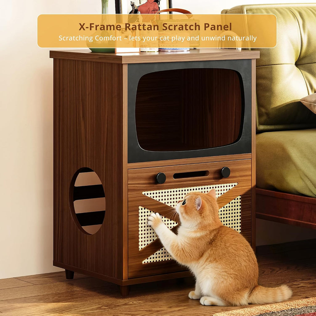 2-Tier TV Shaped Cat Litter Box Enclosure with Rattan Scratch Board