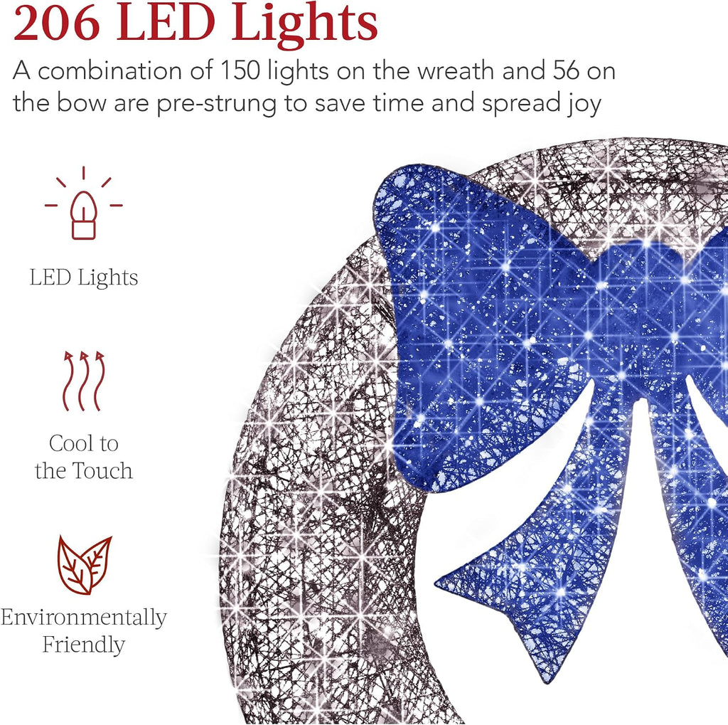 60in Pre-Lit Outdoor Christmas Wreath Decoration, LED Metal Holiday Decor Exterior, Garden w/ 206 Lights, Bow
