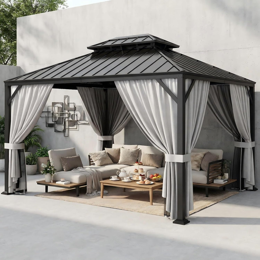 12'x10' Hardtop Gazebo, Update Aluminum Frame Gazebo with Galvanized Steel Double Roof