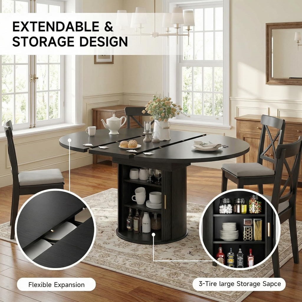 Round Dining Table: 47′′-63′′ Kitchen Table for 4 6 8 with Dust-Proof 2-Tier Storage Shelf Space Saving, Modern