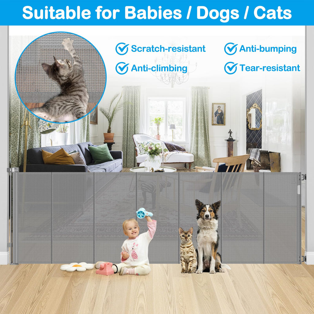 Reinforced 42" Extra Tall X 120" Extra Wide Retractable Dog Gate for Doorways Wide Pet Gate Indoor Prevent Kid/Pet