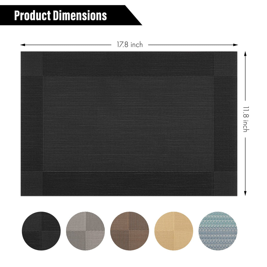 Placemats Set of 4, Washable Vinyl Woven Placemats, Heat Resistant & Wipeable Table Mats Dining Table (Black)