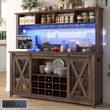 63"Wide 58"H Farmhouse Coffee Bar Cabinet with Power Outlet and LED Light,Wine Bar Cabinet w/ 4 Storage Hutch,Kitchen