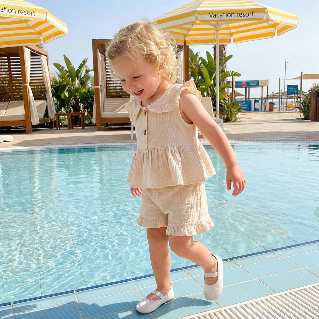 Toddler Baby Girl Summer Clothes Bubble Cotton Outfits Sleeveless Ruffle Tank Top Shorts Cute Clothing Set