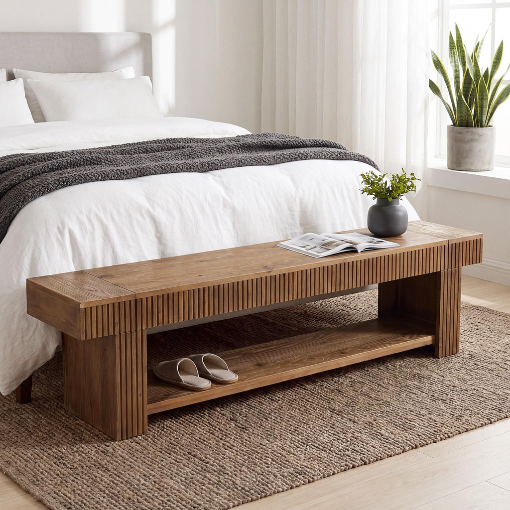 71 Inch Fluted Solid Wood Entryway Bench with Storage Shelf, Rustic Farmhouse Wood Shoe Bench, Long Console Bench