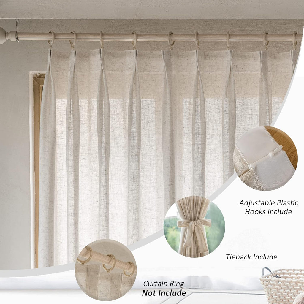 Extra Wide Pinch Pleated Curtains 84 Inch Length Natural Linen Semi Sheer Pleated Drapes with Hooks Light Filtering