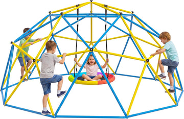 Climbing Dome with Rainbow Saucer Swing, 10FT Indoor Jungle Gym for Kids