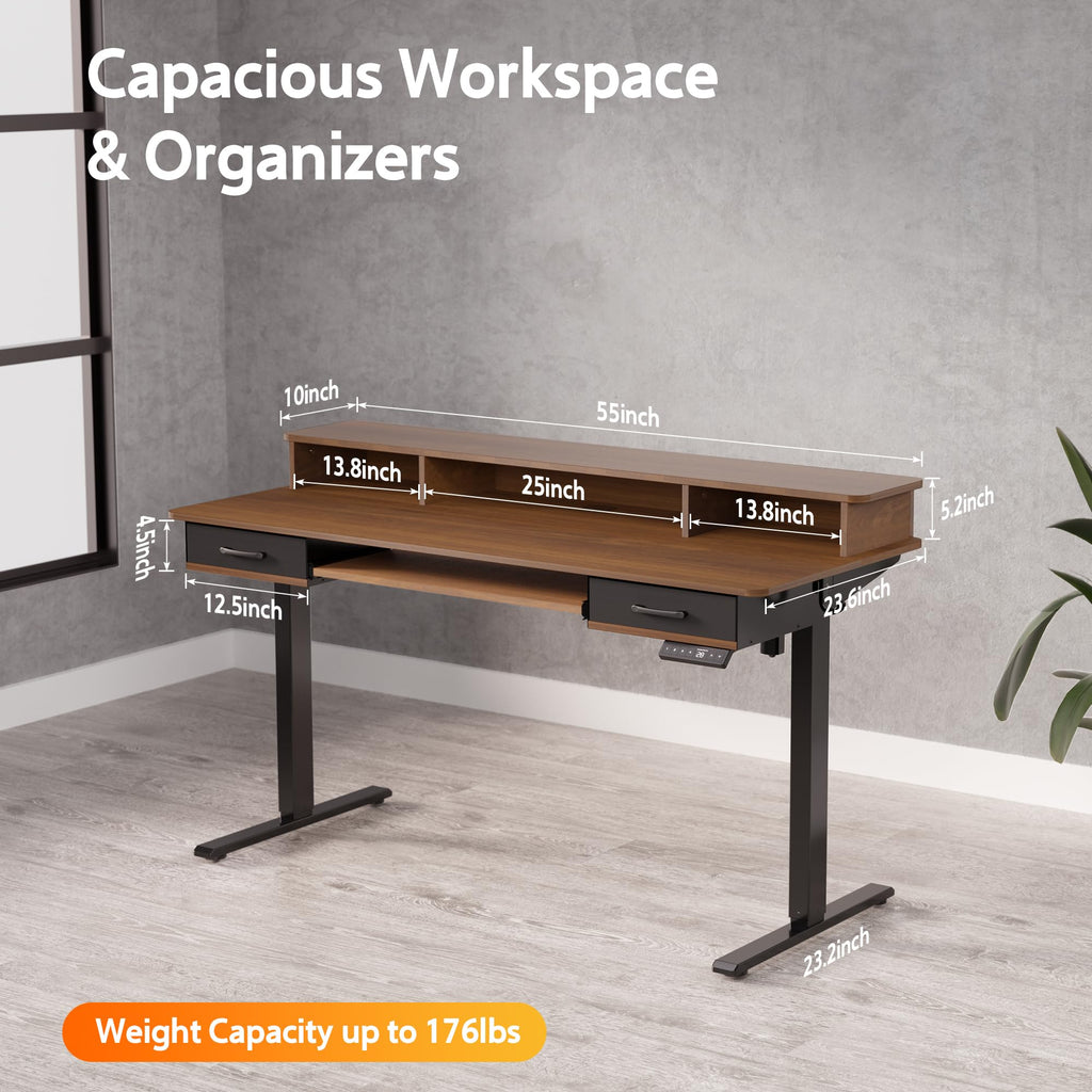 55 Inches Electric Standing Desk with Keyboard Tray, Height Adjustable Sit to Stand Table with 2 Drawers, Ergonomic