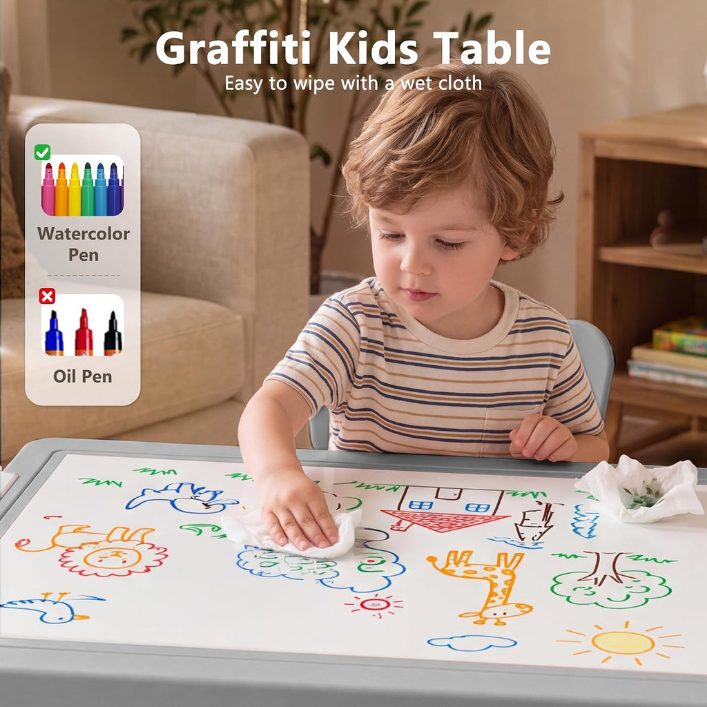Kids Table & 2 Chairs Set, Adjustable Heights, Storage, Grey