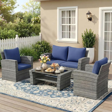Wisteria Lane 4 Piece Patio Furniture Set, Wicker Outdoor Patio Conversation Furniture Set