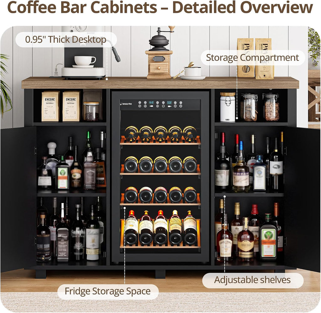 53" Fluted Coffee Bar Cabinet with Mini Fridge Space and Charging Station, Black and Walnut