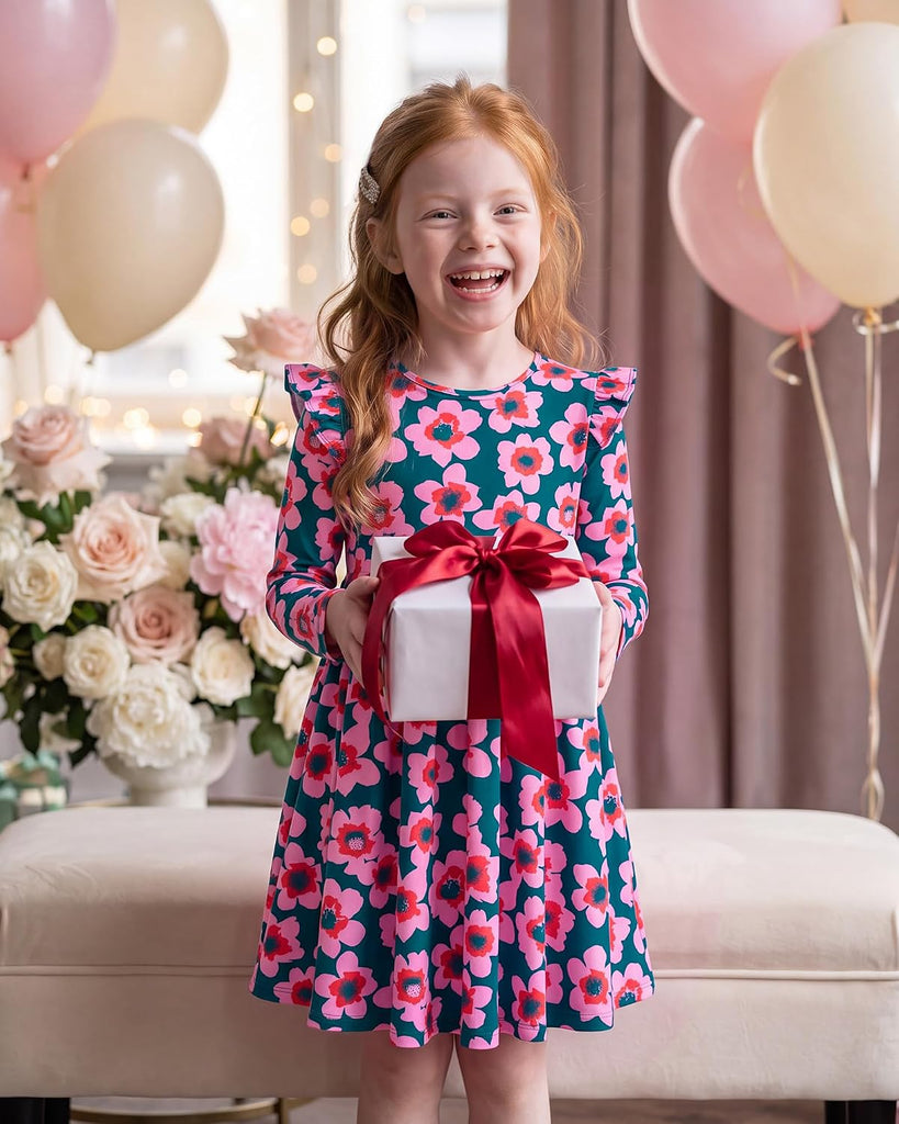 Girls Cotton Long Sleeve Cute Pattern Dress with Pockets