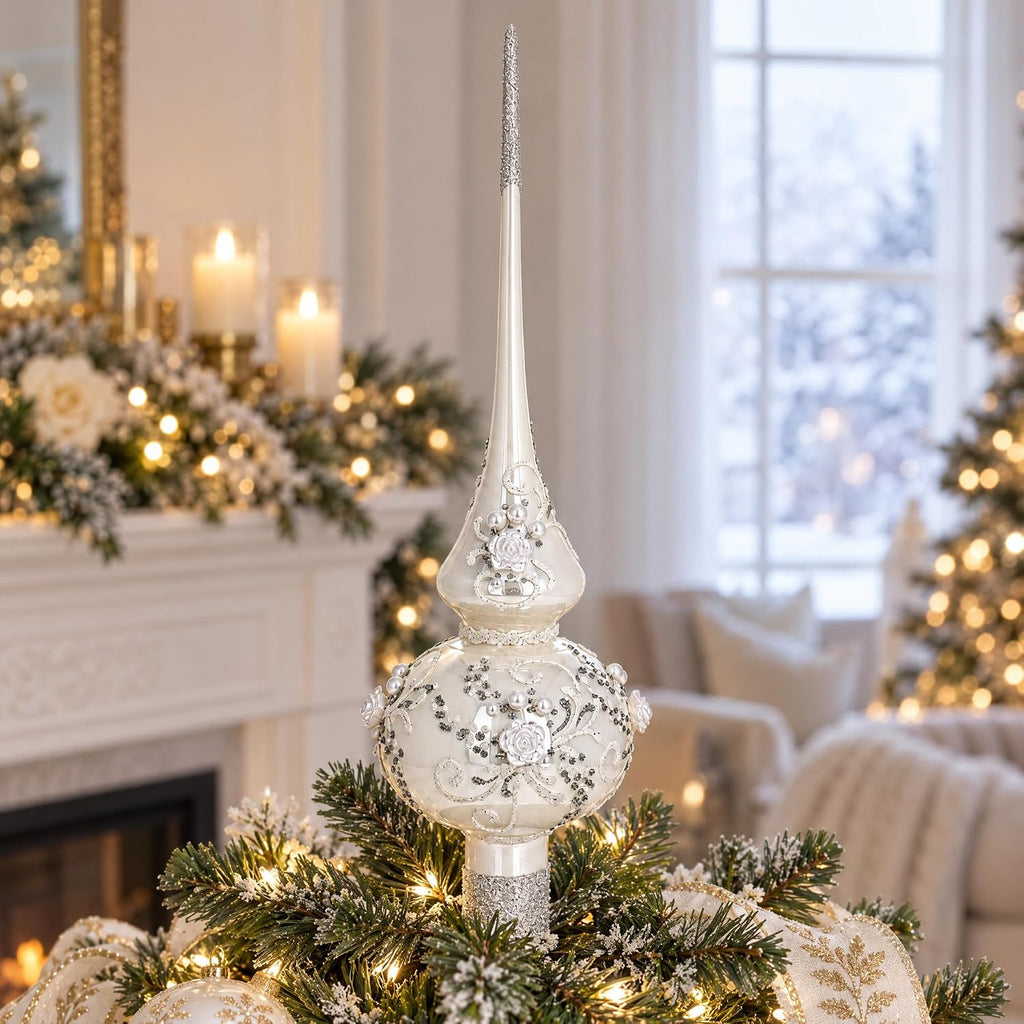 White Glass Christmas Tree Topper with Roses and Pearls, 11 Inches