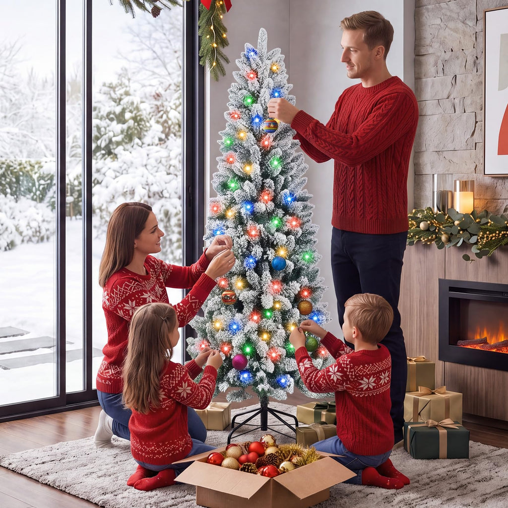 6 Ft Snow-Flocked Pre-Lit Christmas Tree, Multicolor Lights