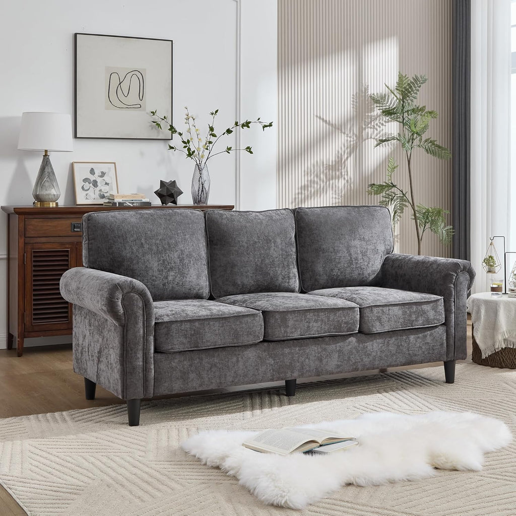 Kingfun 3 Seater Couch, Mid Century Modern Sofa with Rolled Arms and Deep Seats, Fluffy Comfort for Living Room