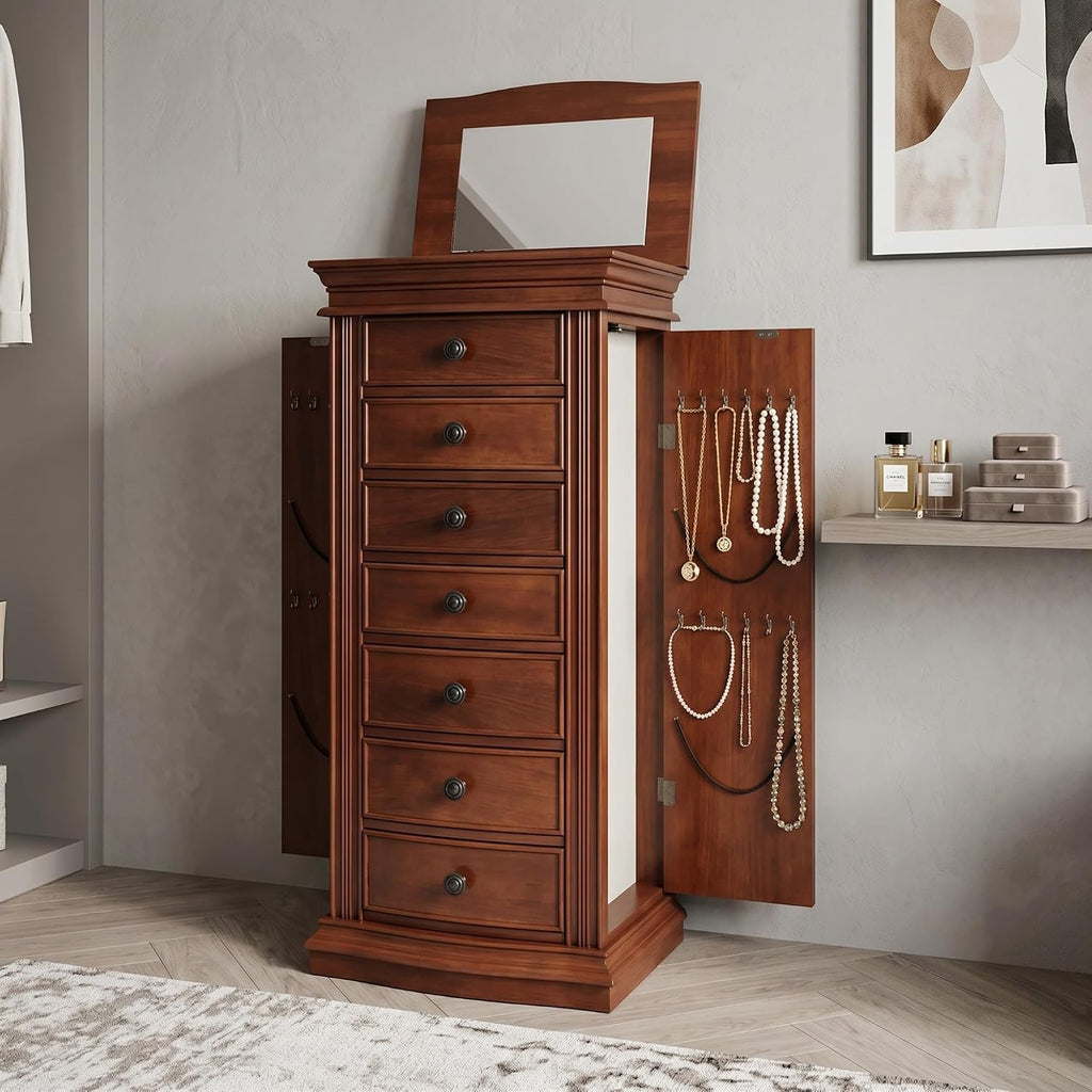 Luke Standing Jewelry Armoire - Large 7-Drawer Wooden Organizer with Mirror, Side Doors, and Anti-Tarnish Lining