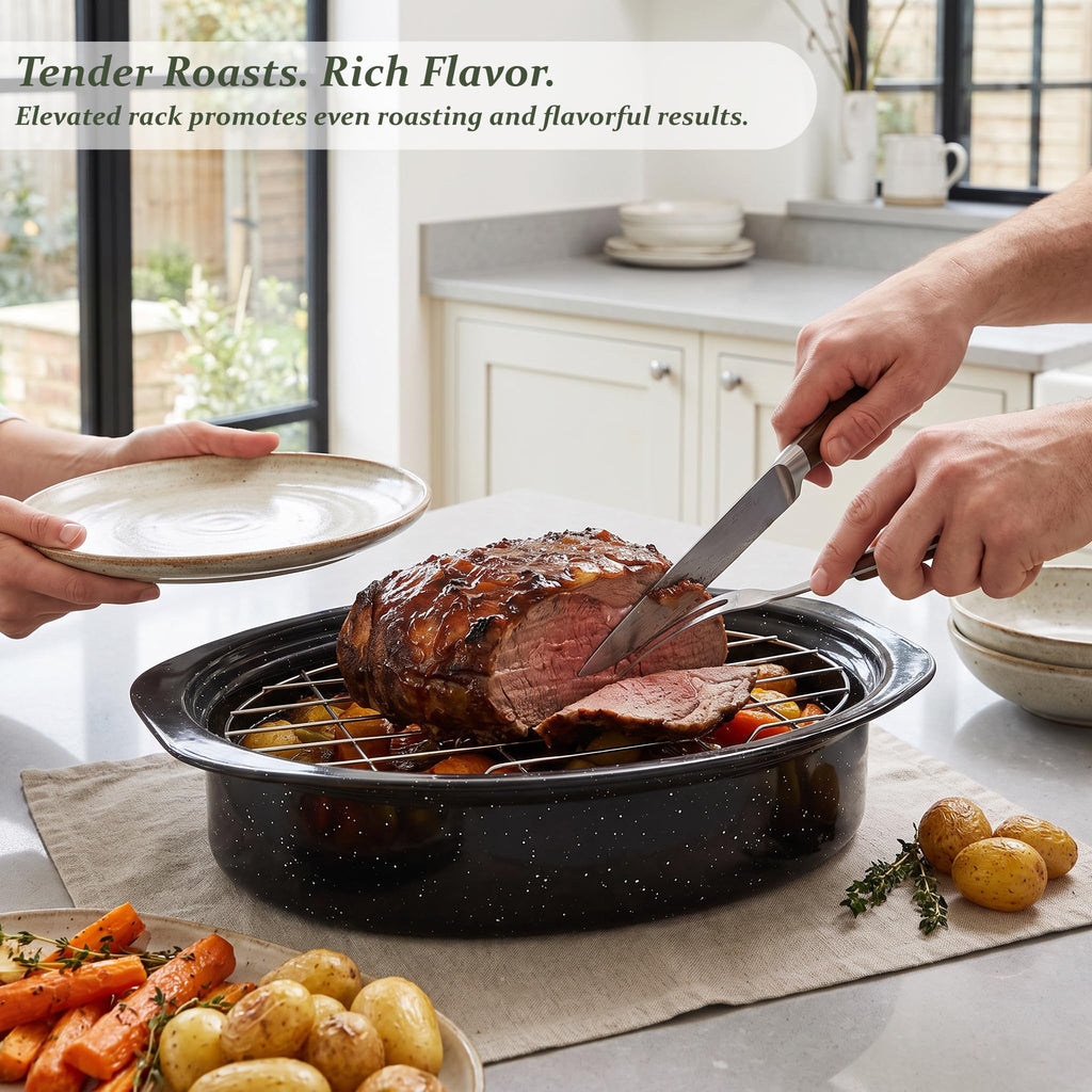13"Enamel Roasting Pan with Lid and Rack Small Oval Roaster Pan Set, Deepen Design Deep Baking Pan for Sourdough