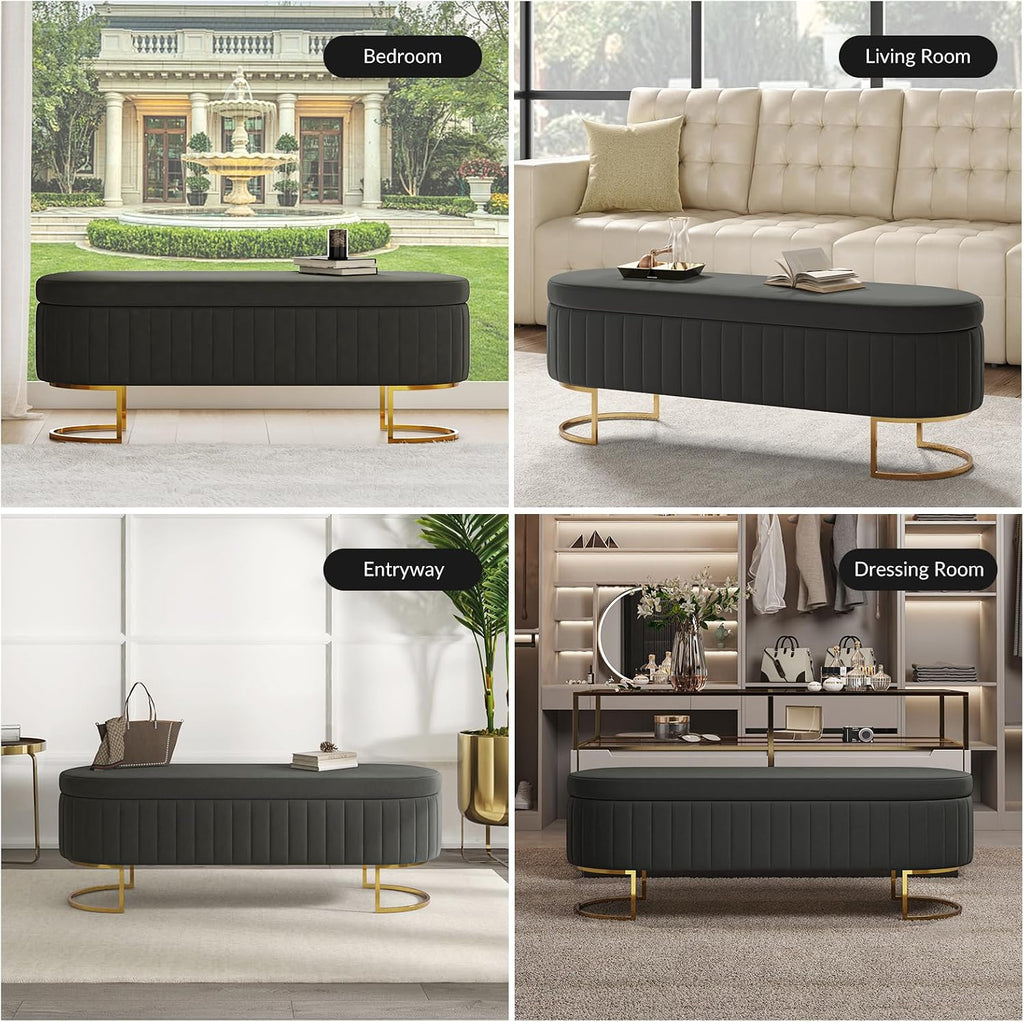 55.5" Storage Bench Ottoman End of Bed Bench Bedroom Bench, Upholstered Velvet Long Window Bench Large King Size with