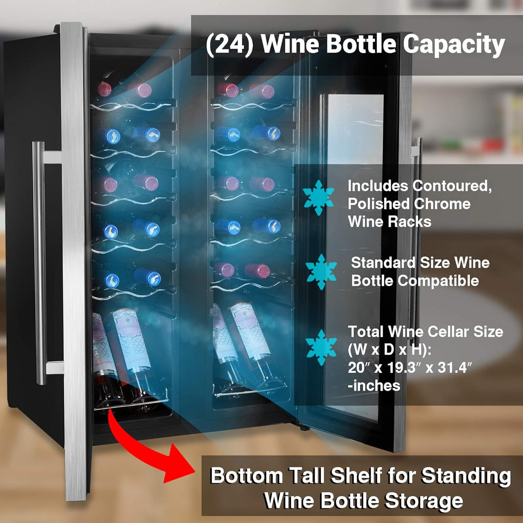 24-Bottle Wine Fridge - Dual Zone Cooler for Red & White Wines, 41°F - 64°F Temp
