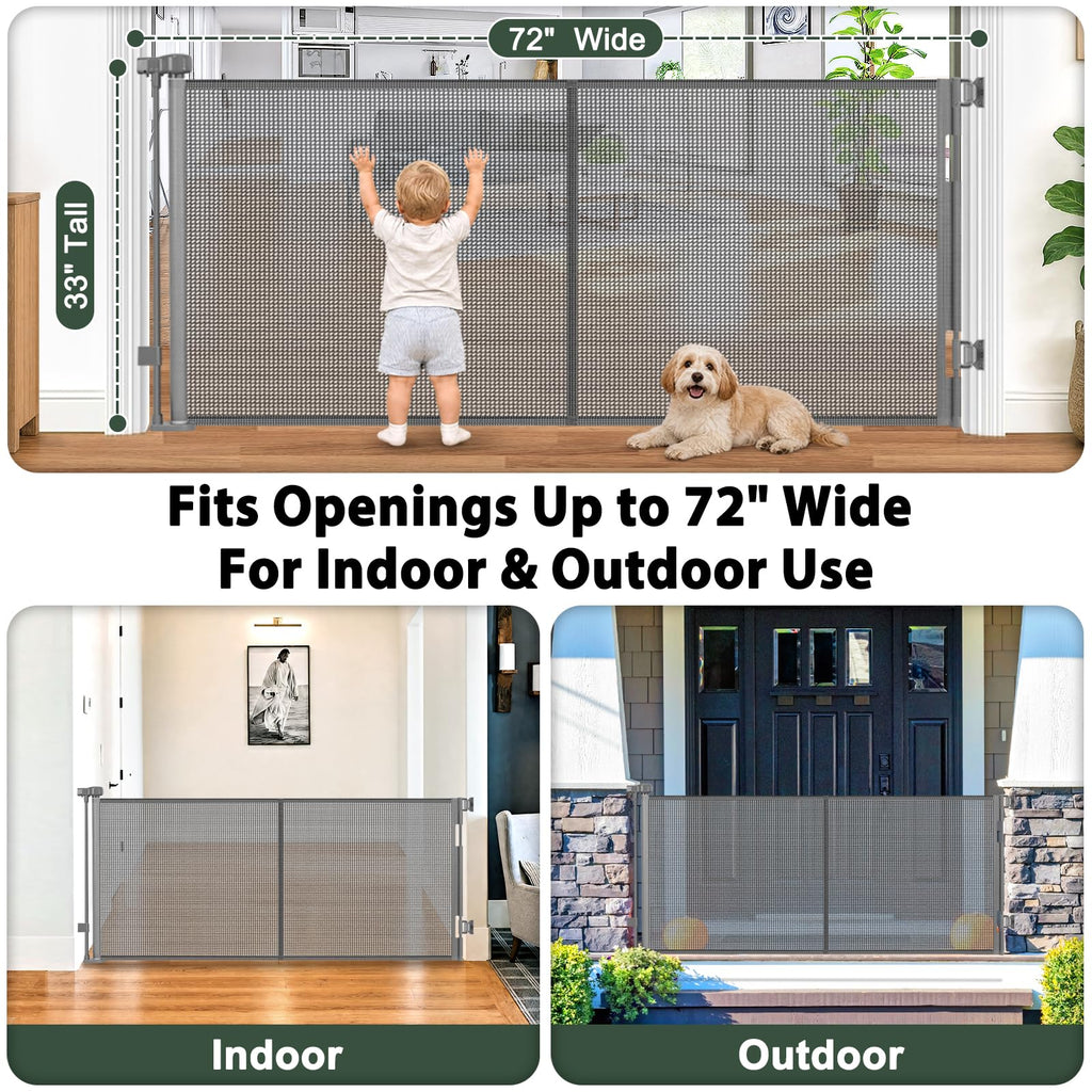 Reinforced 72" Long Retractable Baby Gate, Prevents Crawling Under
