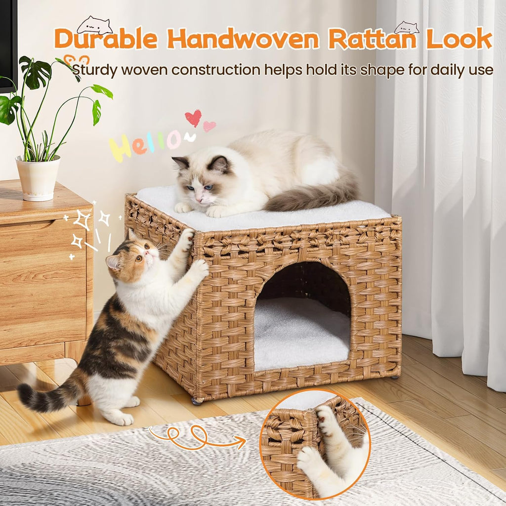 Handwoven Rattan Cat House - Indoor Foldable Cat Bed Cave with 2 Removable Bed Mats, Large Kitten House, Hideaway Pet