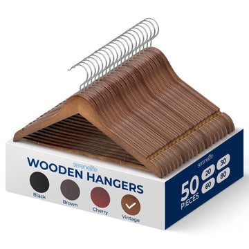 50-Pack Wooden Coat Hangers - Durable Suit Hangers with 360° Swivel Hook & Notches - Slim Design for Shirts, Jackets