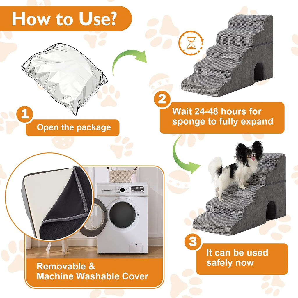 Dog Stairs for Small Dogs 16'' H, 3-Step Dog Steps for Bed, Grey
