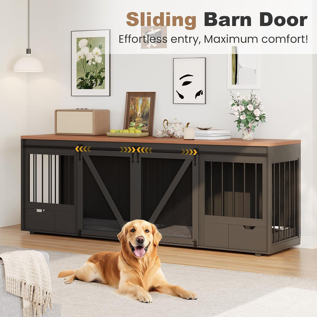 94.5" Dog Crate Furniture with Feeding Drawer for Large Dogs, Black