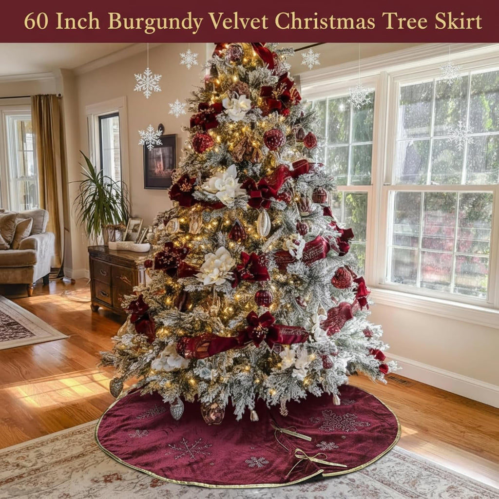 Burgundy Velvet Tree Skirt 60 Inch, Gold Snowflake Rhinestone