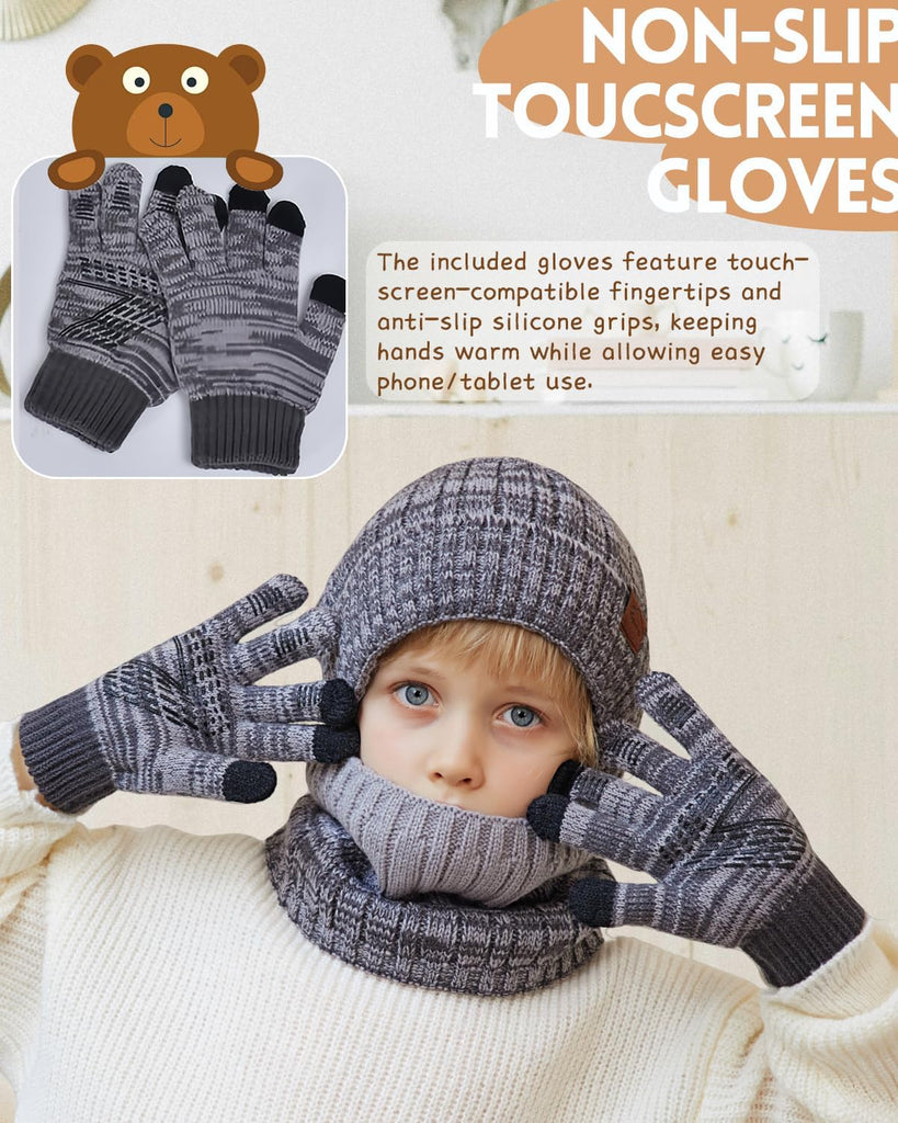 Kids Winter Hat Gloves Scarf Set,Mixed-color Beanie hat Knit Neck Fleece Lining Touchscreen Gloves for Girls Boys