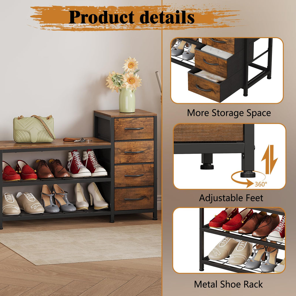 Industrial Shoe Storage Bench with 4 Drawers & Seat, Rustic Brown